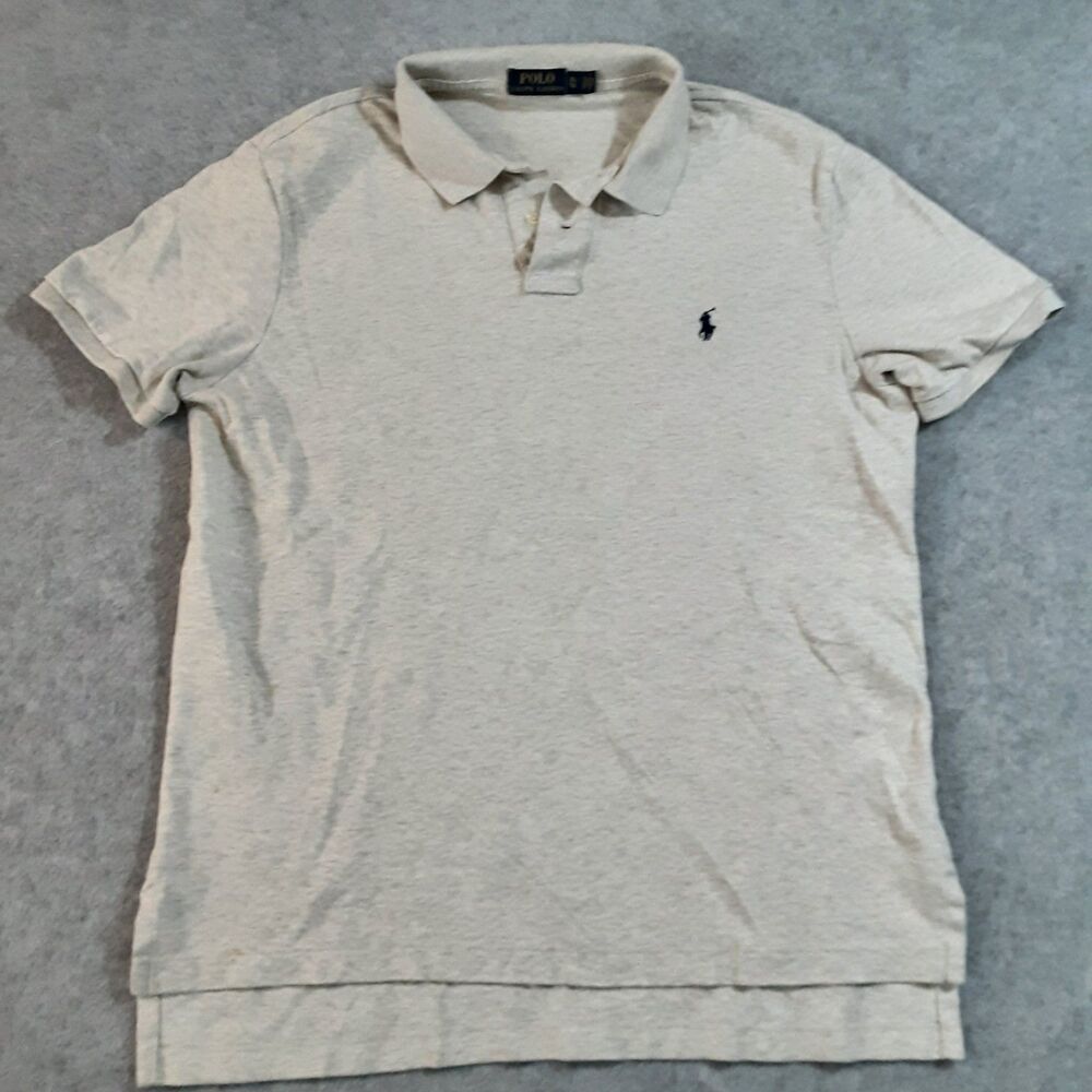 Polo Ralph Lauren Cream Polo Shirt XL 2000s Vented Hem Drop Tail Navy Logo